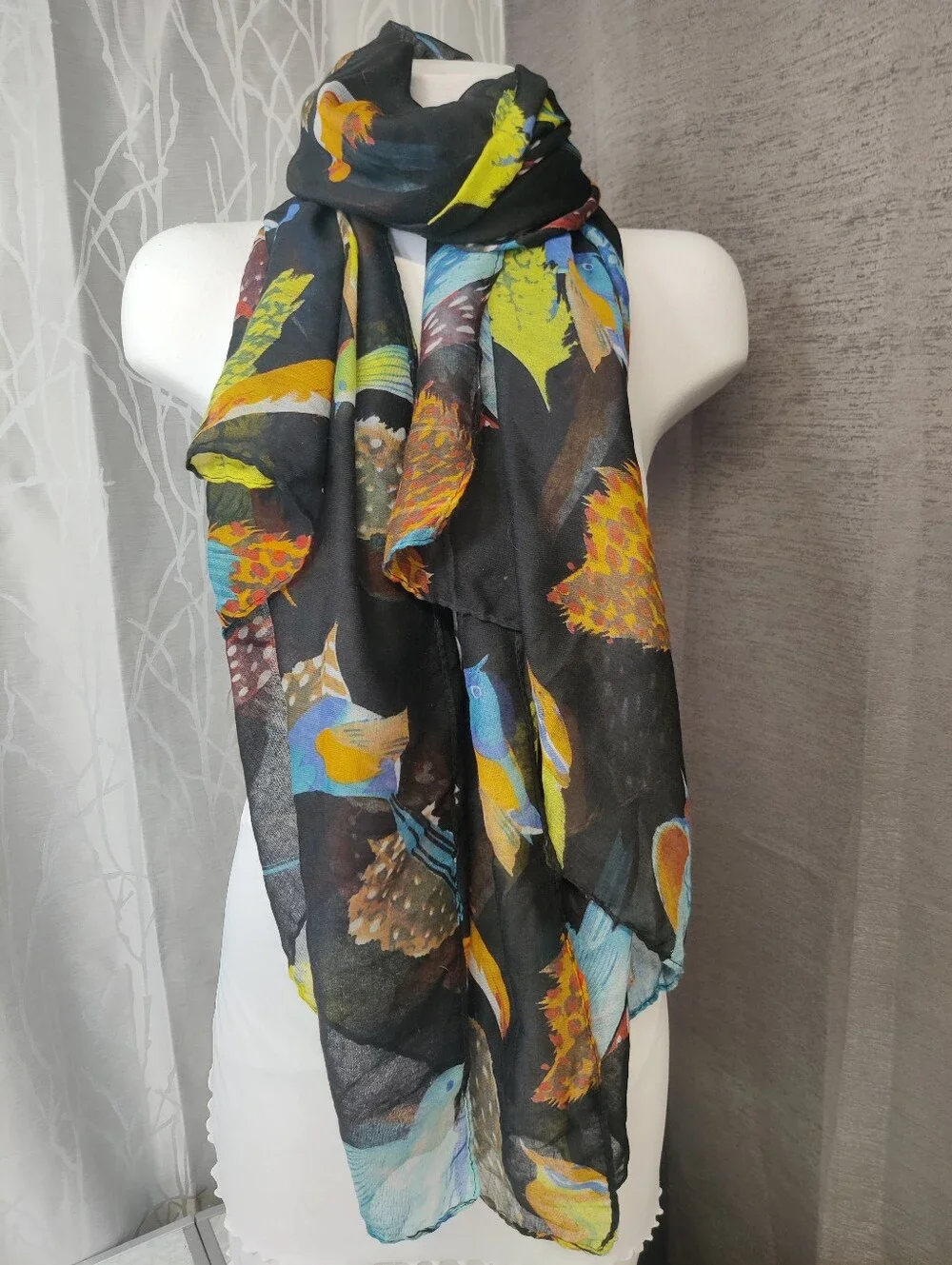 Bird Print Scarf Lot of 2 Lightweight Sheer Viscose Polyester 1 Oversized Wrap